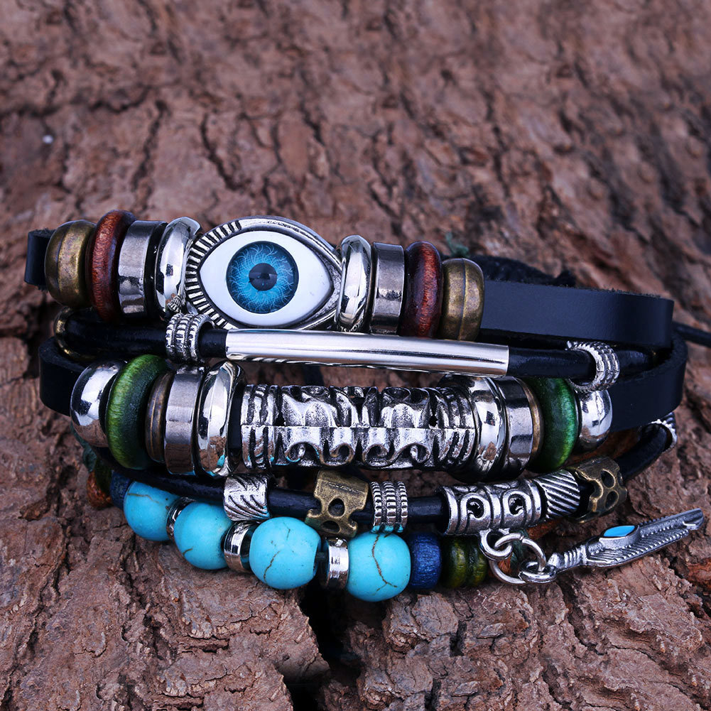1 Piece Retro Devilu0027S Eye Pu Leather Alloy Beaded Unisex Bracelets