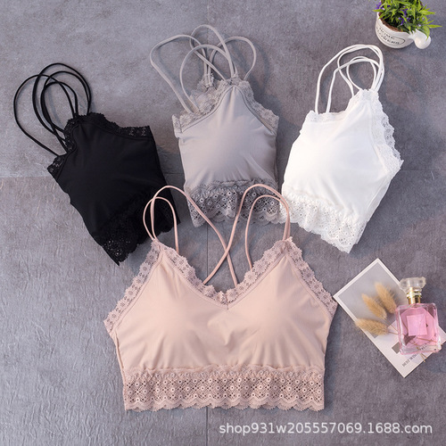 1910 ribbed ice silk breast-wrapped thick cup-lace beautiful back strap bandeau bra