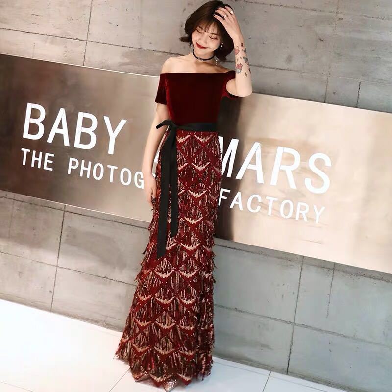 壹字肩晚禮服女2020夏時尚高貴優雅性感修身敬酒服新娘主持人禮服