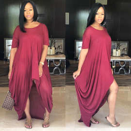 亚马逊速卖通 宽松牛奶丝不规则连衣裙大码短袖燕尾连衣裙H246