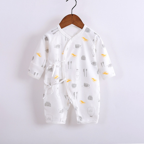Baby long-sleeved pure cotton butterfly clothing newborn lace-up crawl clothing cartoon printed jumpsuit baby four-season monk clothing