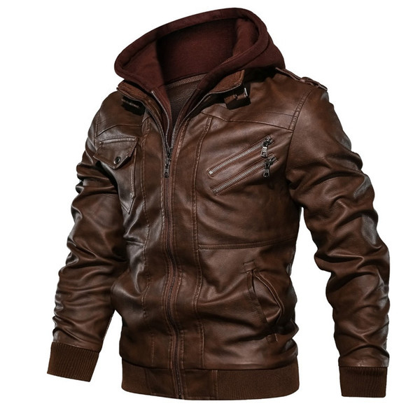 Men’s hooded leather jacket with plush and thickened jacket