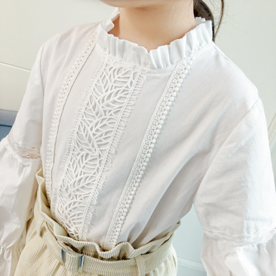 2019春裝新款韓版木耳邊蕾絲拼接喇叭袖女童襯衫打底上衣 GW6075Q