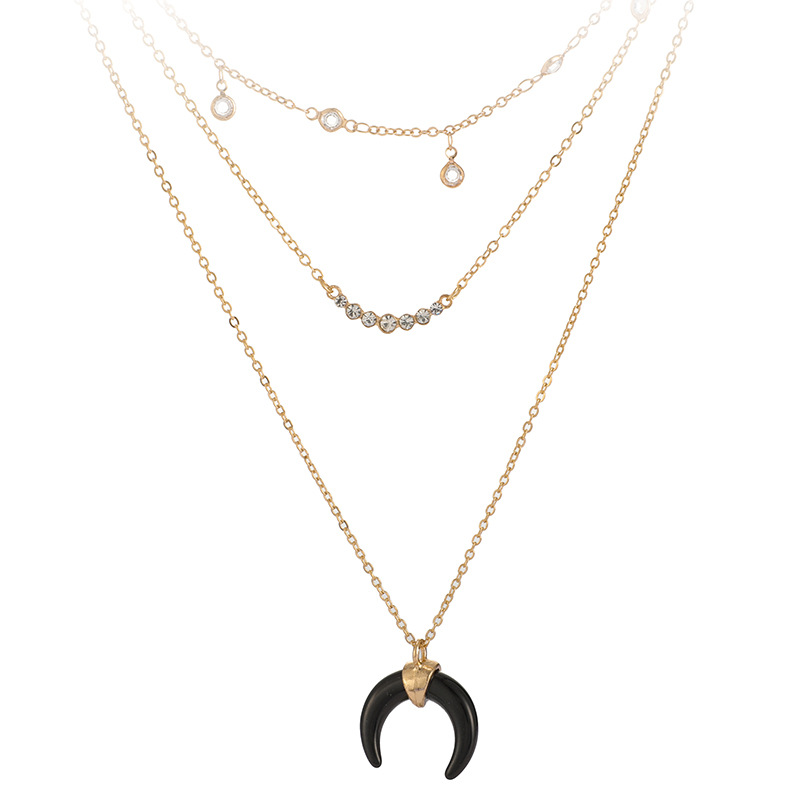 Européen Et Américain Personnalisé Diamant-intégré Croissant Noir Corne Multi-couche Collier Tout-match Lune Pendentif Collier Clavicule Chaîne display picture 9