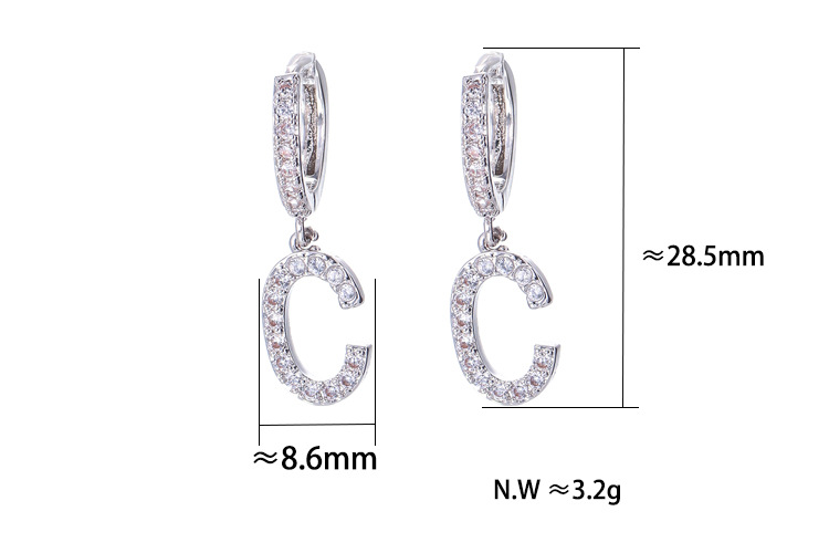 4g Weight Zircon Inlay Material Earrings Classification Anniversary, Business, Wedding, Travel, Birthday Occasion Copper Material Letter Pattern Women'S Gender Inlaid Zircon Design Gold, Silver Color Fashion Letter Single Large Size Earrings 12