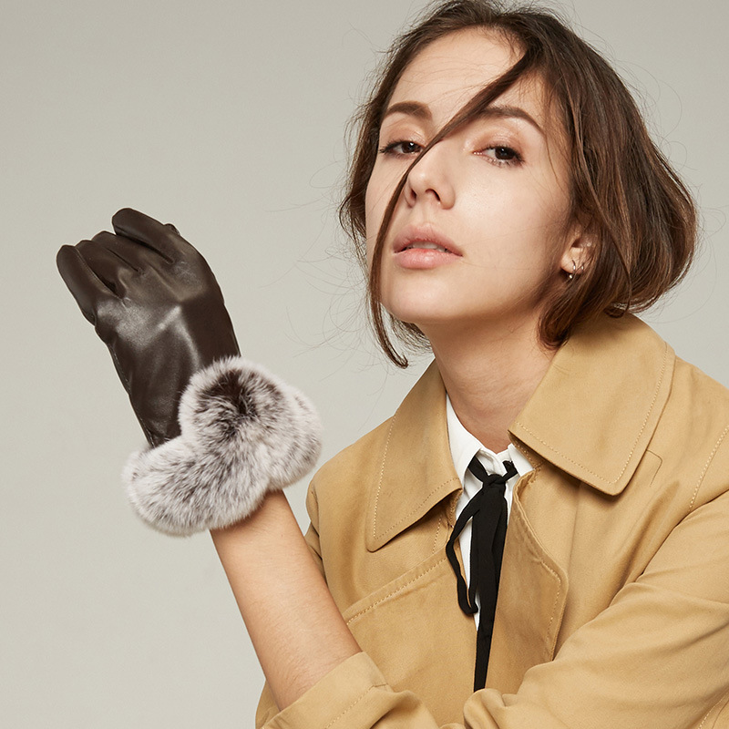 真皮手套女冬季加厚可爱獭兔毛加绒羊皮手套保暖触摸屏骑开车手套