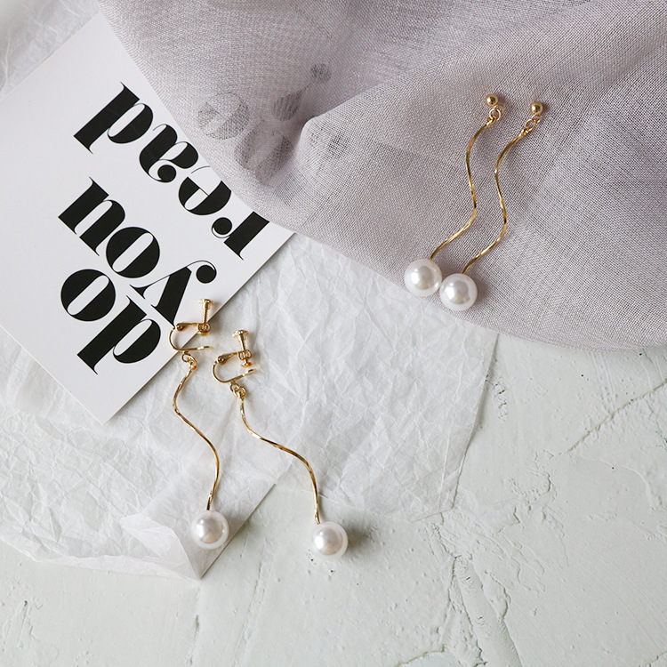 Korea real gold plated simple slender button pearl earrings long thin earrings without pierced ear clips