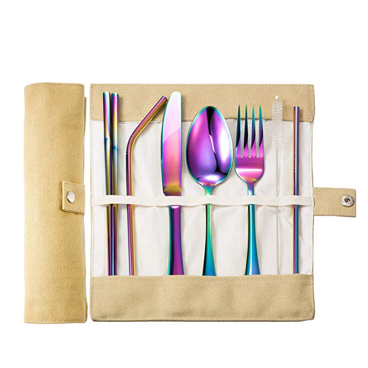 定制环保帆布餐具袋 野外午餐不锈钢刀叉折叠卷包 彩色吸管收纳包