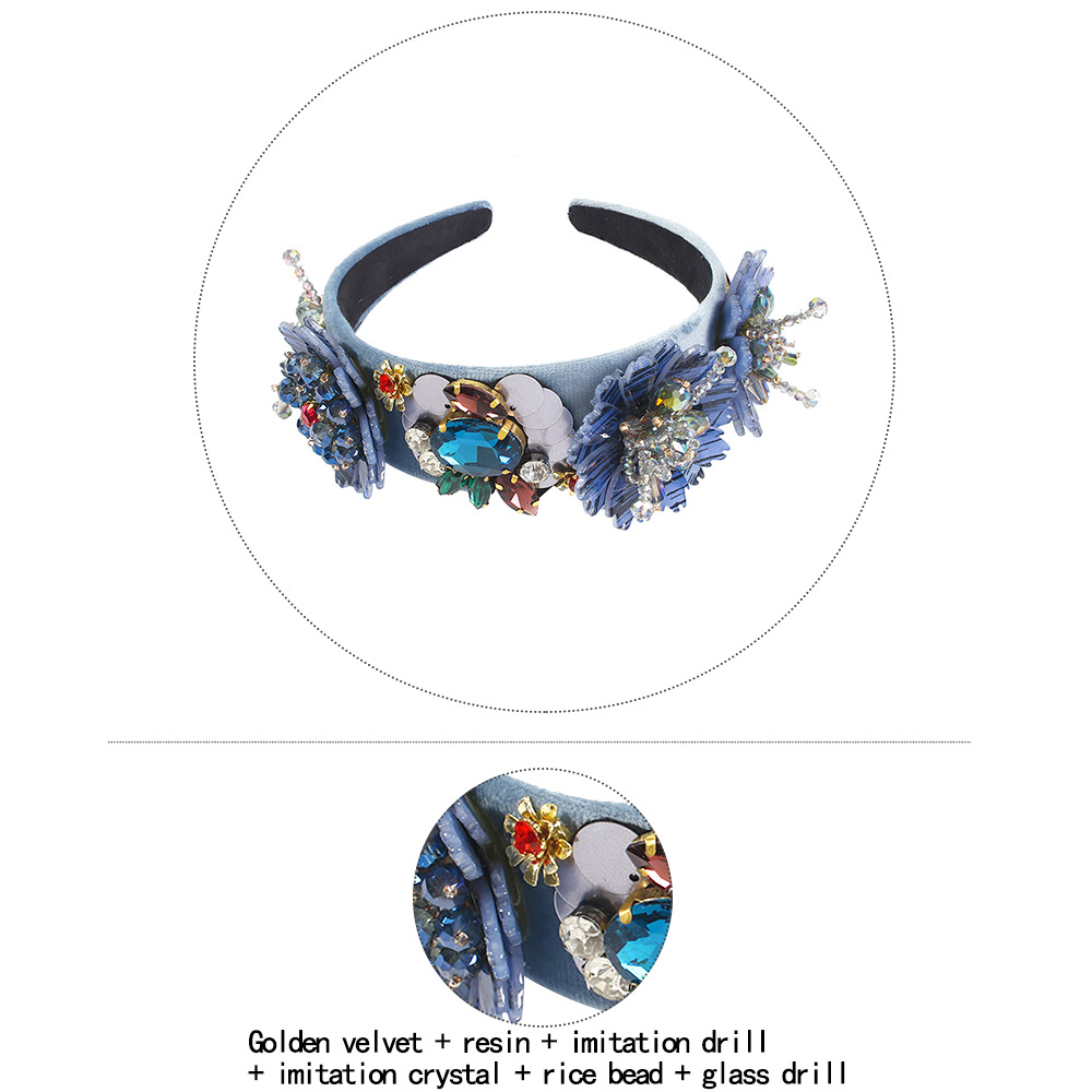 Line Retro Headband Jewelry Tide Flower Gem Diamond Luxurious Wide-band Headband display picture 2