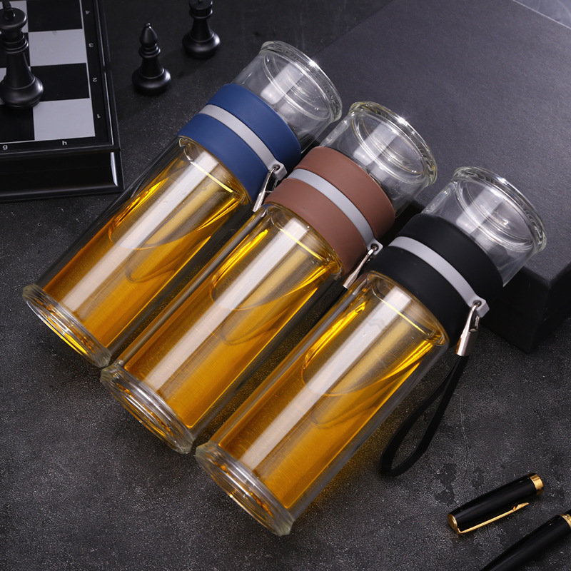 新款泡茶玻璃杯創意茶水分離水杯商務日用禮品提繩杯定制廣告杯