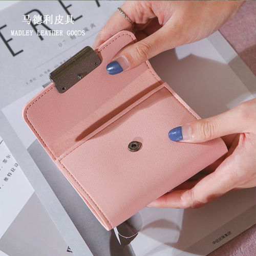 Factory Direct Sale New Short Length Trendy Minimalist Checkered Decor Fashion Lychee Pattern Women's Solid Color Tri-Fold Student Wallet