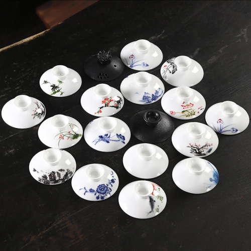 Large high white ceramic tea lid, blue and white porcelain covered bowl, tea set single lid, Sancai tea bowl accessories