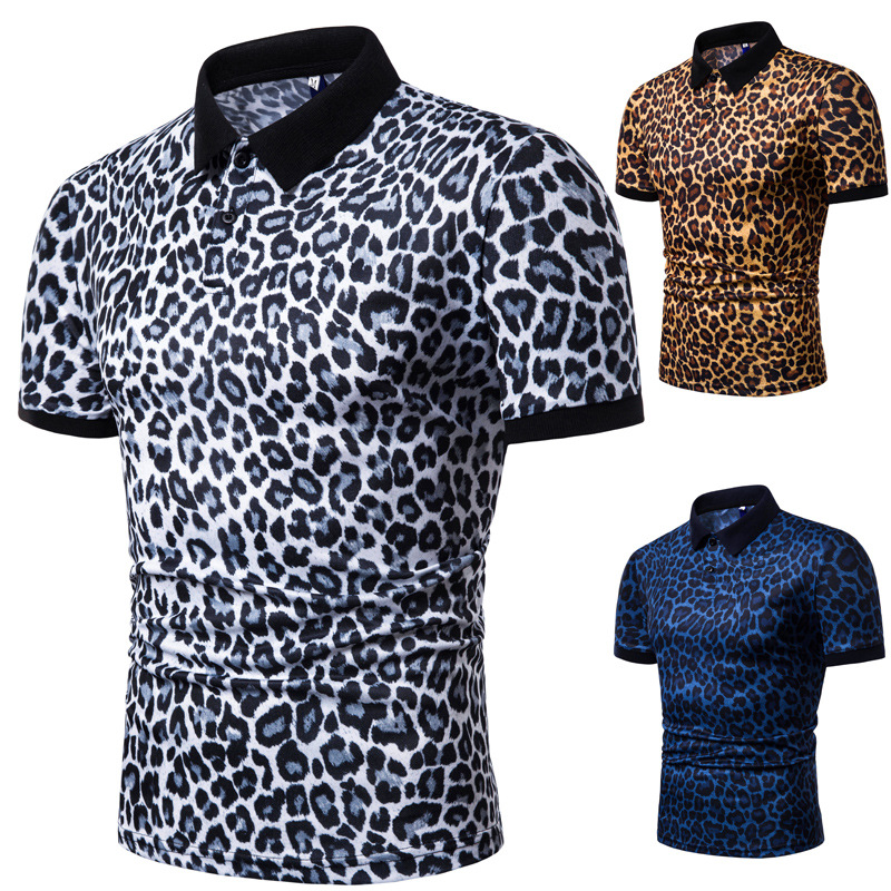 Tamaño europeo Ropa de hombre de comercio exterior 2019 hombres de verano moda Plaid leopardo impresión solapa de manga corta Camiseta polo PL18
