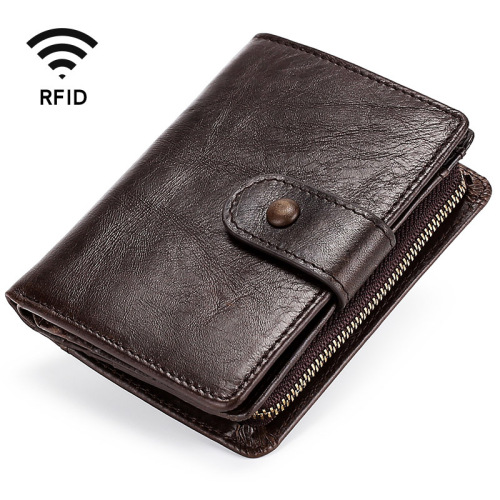 European and American cross-border Crazy Horse leather multifunctional men's wallet Genuine leather RFID buckle casual retro short wallet