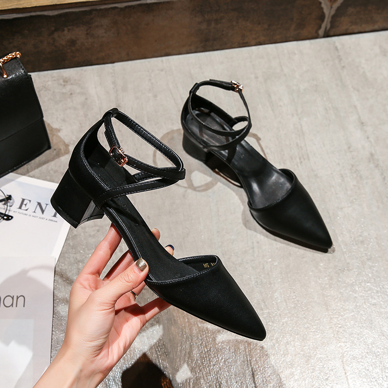 单鞋女仙女风2019夏季新款韩版百搭交叉绑带露趾包尖头粗跟高跟鞋