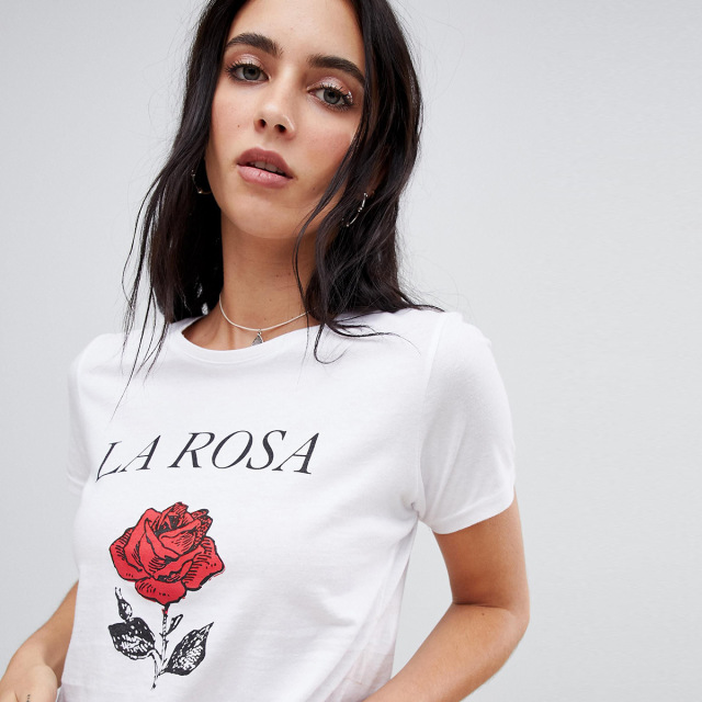 Rose Printed Letter Printed T-shirt Round Neck and Short Sleeve