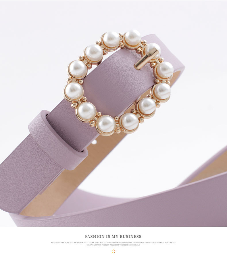 Inlay Design Elegant Solid Color Pu Leather Alloy Inlay Artificial Pearls Women's Leather Belts