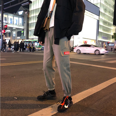 solar system leisure time Multi-pocket Overalls Trend fashion Large Straight Drawstring Elastic Haren men's wear Nine points Casual pants