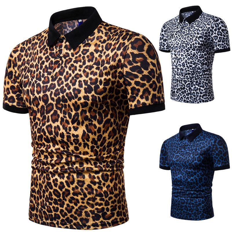 Tamaño europeo Ropa de hombre de comercio exterior 2019 hombres de verano moda Plaid leopardo impresión solapa de manga corta Camiseta polo PL18