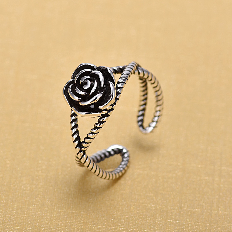韩版外贸复古做旧新款泰银戒指女式纯银玫瑰花开口手指环饰品女