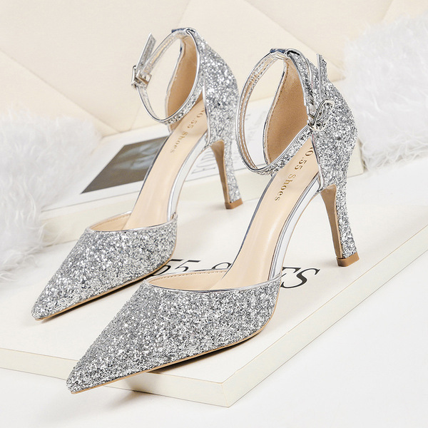 Sexy pointed shallow high-heeled shoes nightclub sequined sandals 