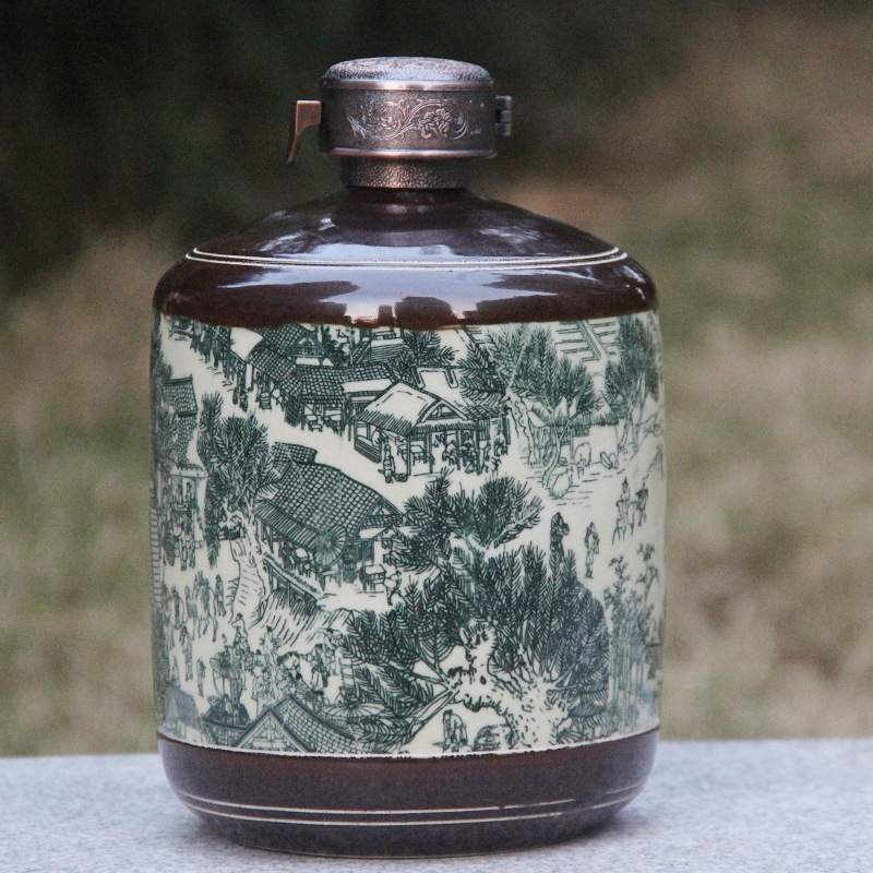 景德镇陶瓷酒瓶3斤装 仿古清明上河图密封空酒坛子三斤装带锁扣|ms