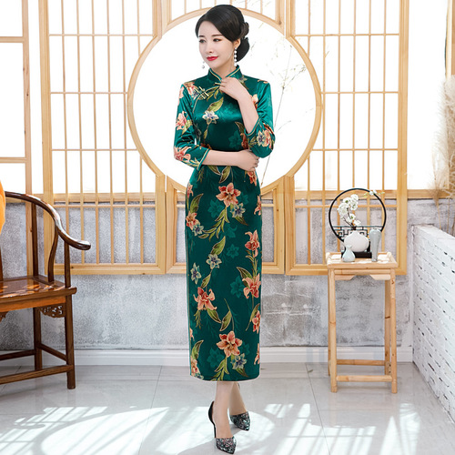 Chinese Dresses Qipao for women robe chinoise cheongsam Seasonal cheongsam with plush warm and thick gold velvet long printed retro standing collar cheongsam dress