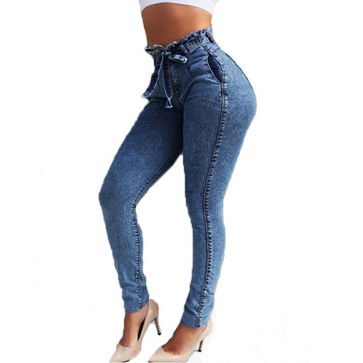 hot sale slim fit stretch fringed belt high waist jeans NSOL63684