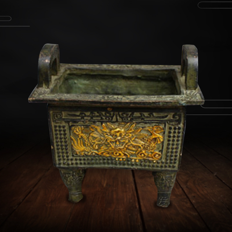 古玩批发复古铜器青铜鎏金雕刻龙狮花纹铜香炉铜鼎香炉摆件