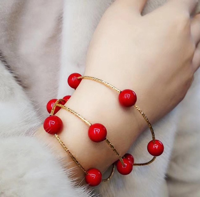 紅珠韓國東大門網紅百搭同款超美紅色三層圓球紅珠手鏈項鏈兩戴兩