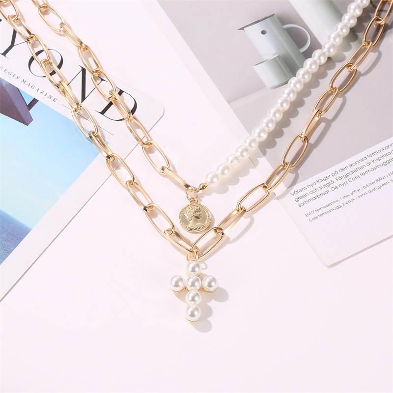 New Money Decoration Exaggerated Pearl Cross Necklace Female Thick Chain Multi-layer Round Portrait Pendant display picture 5