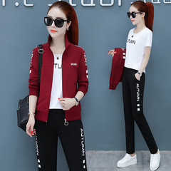 Women's Spring 2022 New Three-Piece Exercise Set, Stylish Korean Version Fashion Casual Two-Piece Slimming Collar Sweatshirt