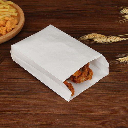 White oilproof paper bag for fried chicken wings and chicken cutlets takeout food packing bag blank accordion bag pointed bottom packaging paper bag