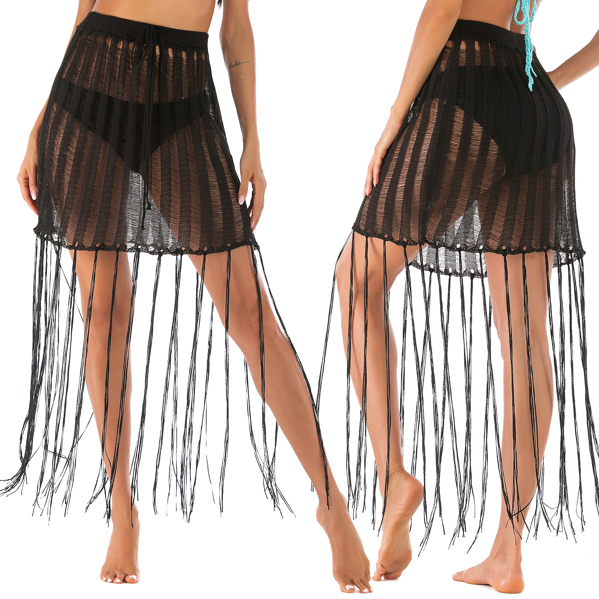 hollow woven long fringed beach skirt  NSOY46109