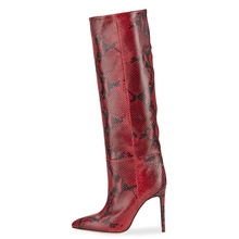 2019冬季新款紅色蛇紋尖頭細高跟長靴歐美時尚外貿大碼工廠現做款