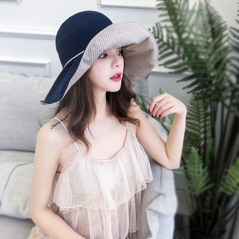 summer lengthen Large canopies lattice stripe Two-sided Sunscreen hat Travel? outdoors Sandy beach fold sunshade Fisherman hat