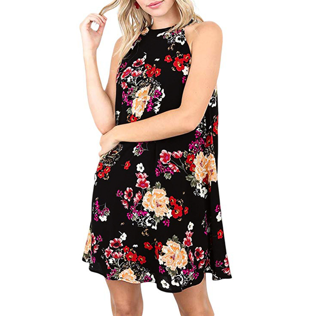 2020wish Aliexpress's new European and American women's sexy print neckpiece v-neck loose-fitting sleeveless dress