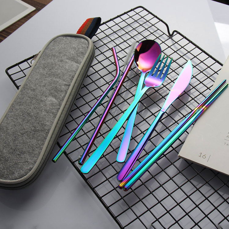 Stainless steel western tableware steak knife fork spoon titanium plastic tableware seven sets of Korean juice straw chopsticks set