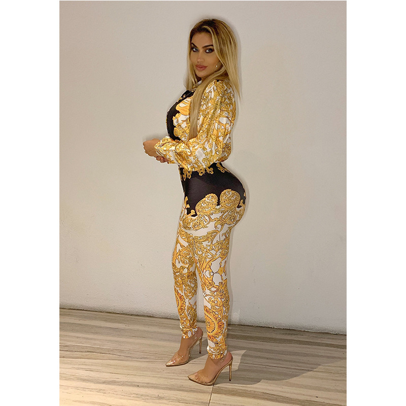 printed long sleeve deep v top & pants 2-piece set NSMYF68649