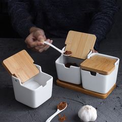 Japanese-style ceramic seasoning pot household creative bamboo wood lid seasoning jar kitchenware condiment seasoning box three-piece set