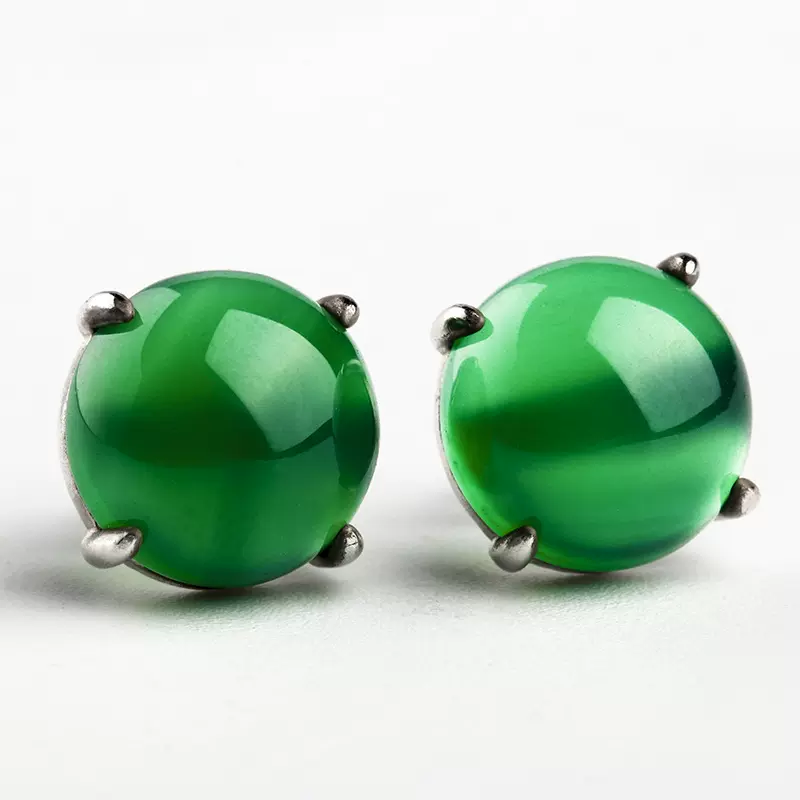 925纯银冰种天然绿玉髓耳钉 满绿辣绿耳坠女款 翡翠色耳钉耳饰