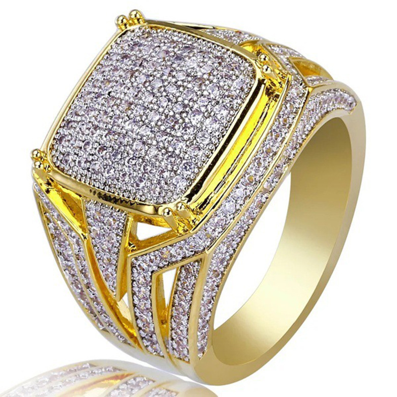 Zhen Rong wish hot selling new 18k gold plated square men's full diamond ring European and American two-color engagement ring