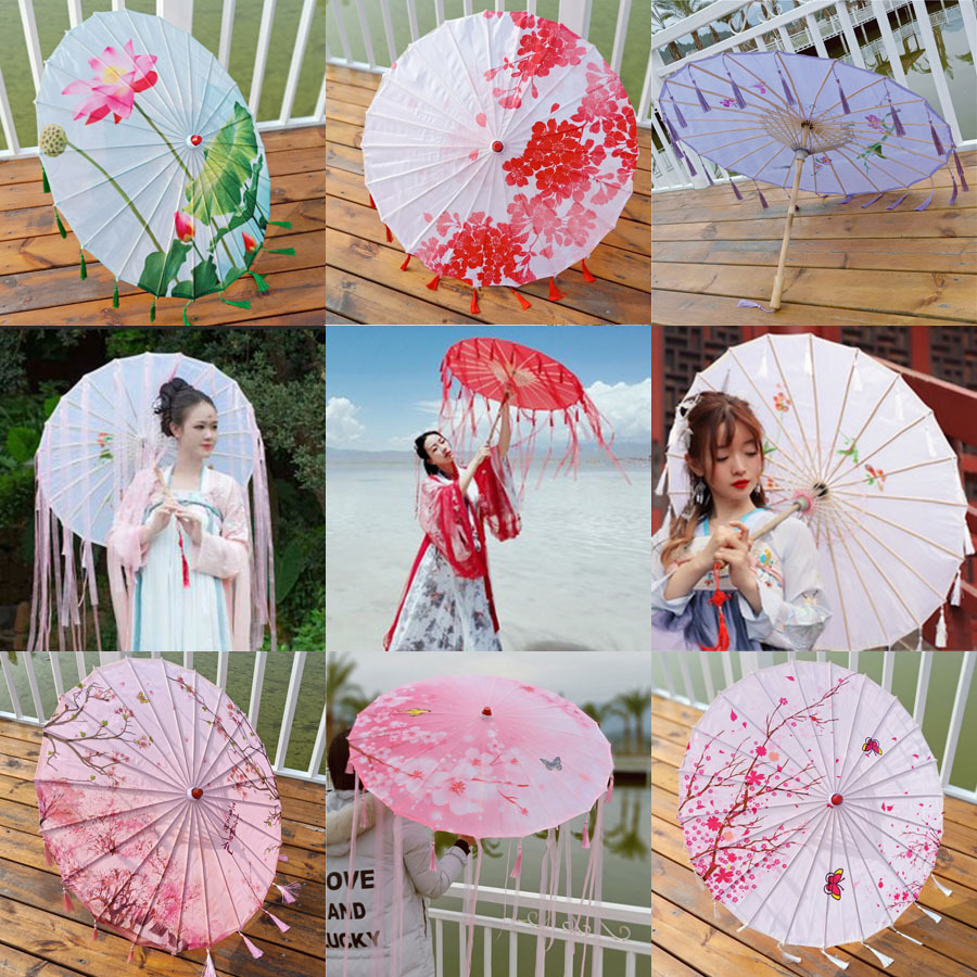 Craft umbrella Dance Umbrella Cloth Umbrella tassels Ribbon photograph prop cheongsam Catwalk show suspended ceiling Silk umbrella