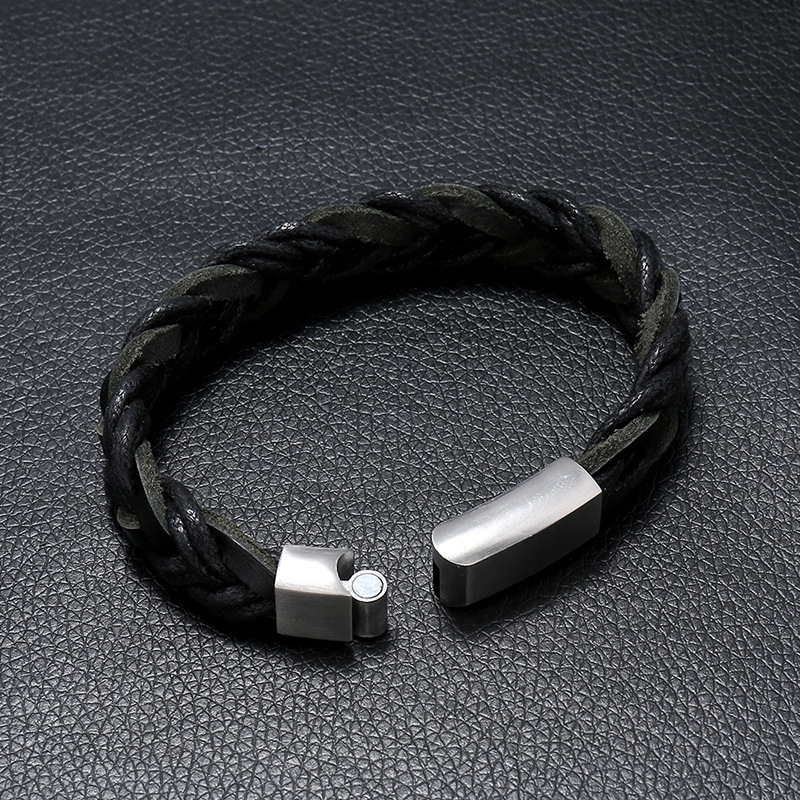 Moda Simple Hebilla Magnética Hombres Cuero Vintage Tejido Pulsera De Acero Inoxidable display picture 4