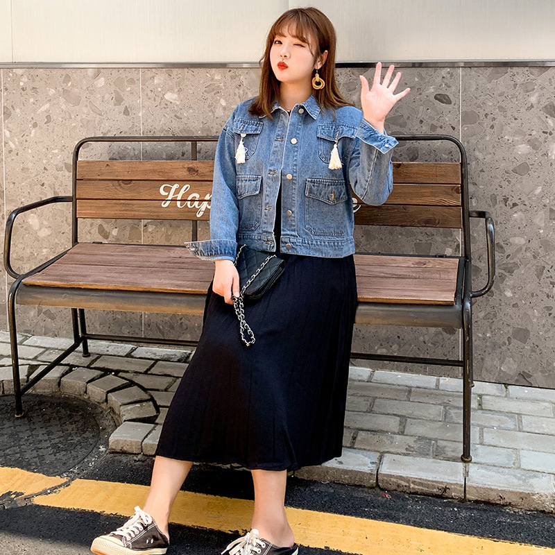 大码女装胖妹妹小心机连衣裙套装2019洋气遮肚减龄秋装牛仔两件套|ru