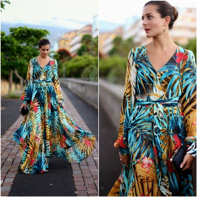 Fashion Long Sleeve Dress Green Tropical Beach Vintage Maxi Dresses ...