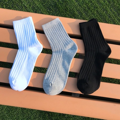 Pure Color Black and White Middle Calf Vertical Stripes Versatile Hong Kong Style Trendy Socks Spring and Autumn Trendy Men's Versatile Business with Leather Shoes Sports