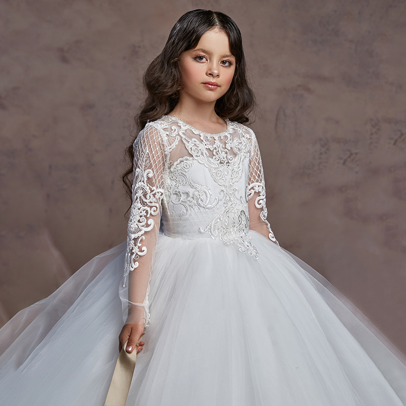 Comercio exterior nuevo transfronterizo europeo y americano vestido de novia de los niños encaje manga larga cuello redondo de los niños pasarela show anfitrión rendimiento pettiskirt