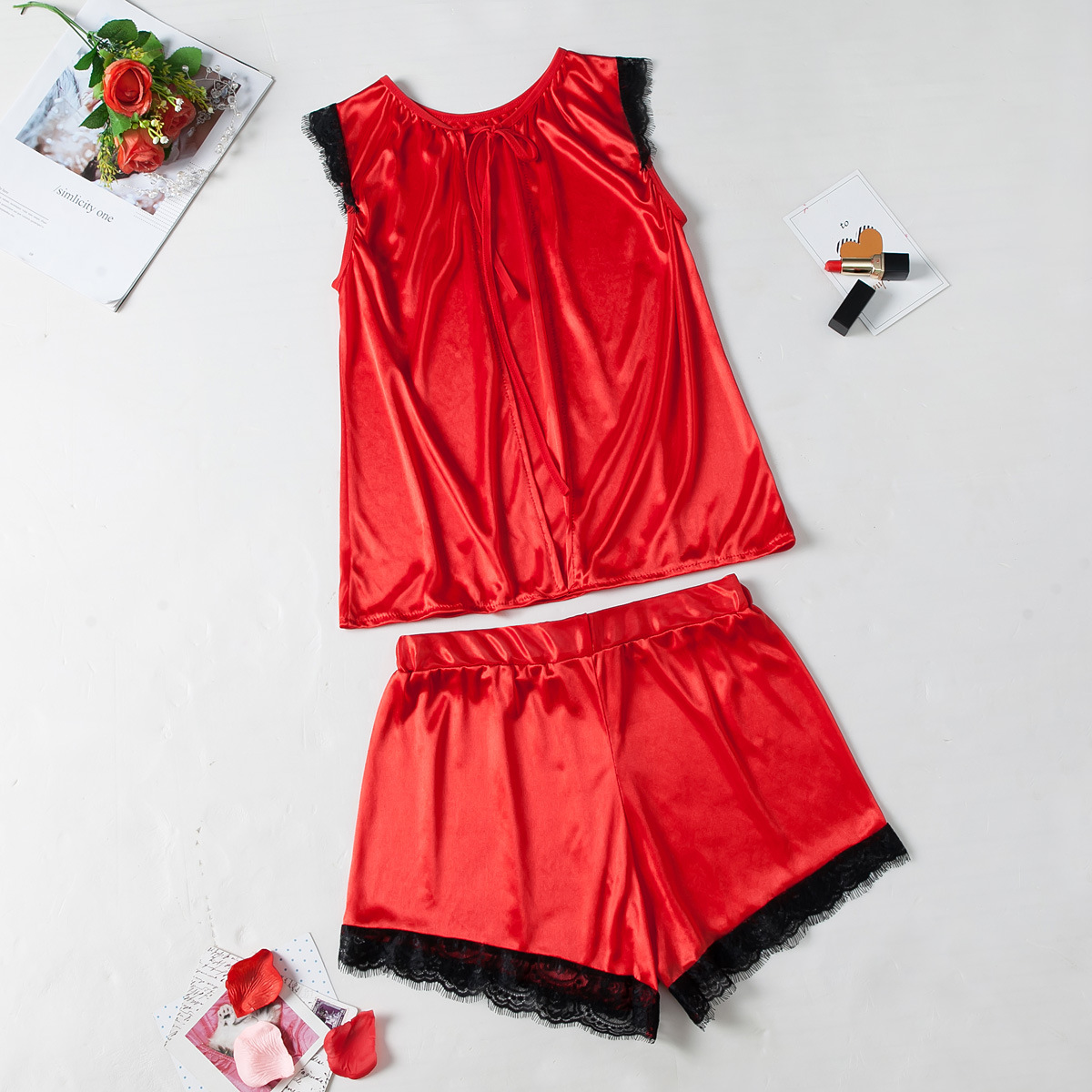 Шелковая сексуальная тонкая пижама, топ с чашечками, шорты, комплект, Amazon, в корейском стиле, короткий рукав, эффект подтяжки