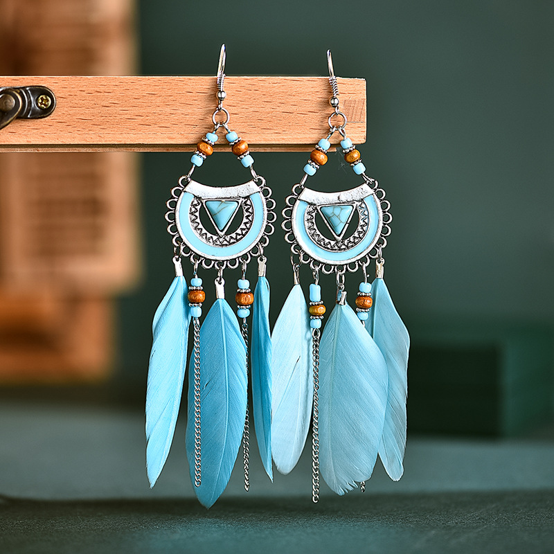 Fashion Fan-shaped Imitation Turquoise Tassel Long Rice Bead Feather Earrings Wholesale display picture 3